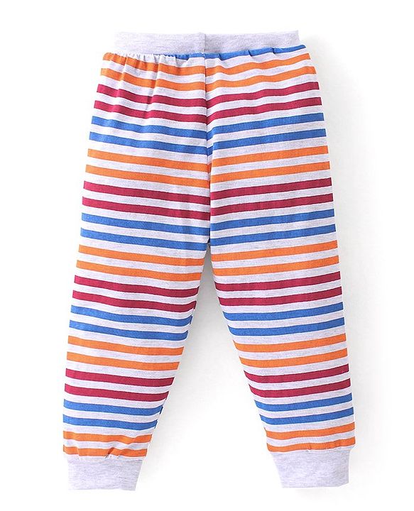Babyhug Cotton Full Length Lounge Pants Striped & Wolf Printed Pack of 3 - Red & Blue