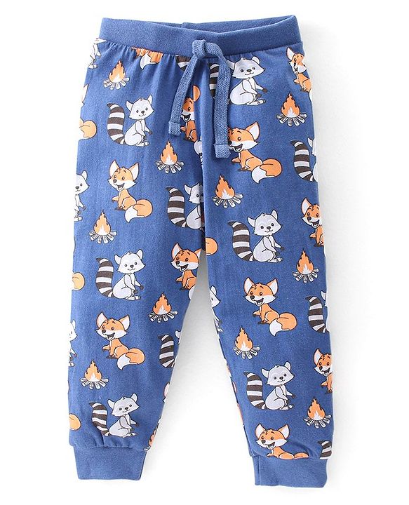 Babyhug Cotton Full Length Lounge Pants Striped & Wolf Printed Pack of 3 - Red & Blue