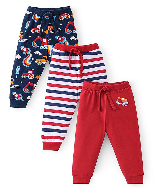 Babyhug Cotton Knit Full Length Lounge Pants Stripes & Rockets Print Pack of 3 - White Red & Navy Blue