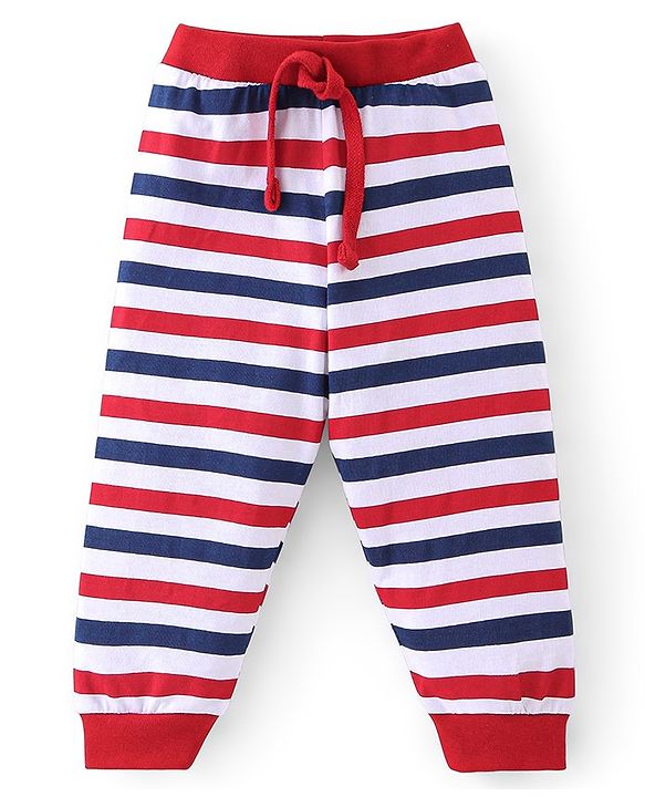 Babyhug Cotton Knit Full Length Lounge Pants Stripes & Rockets Print Pack of 3 - White Red & Navy Blue