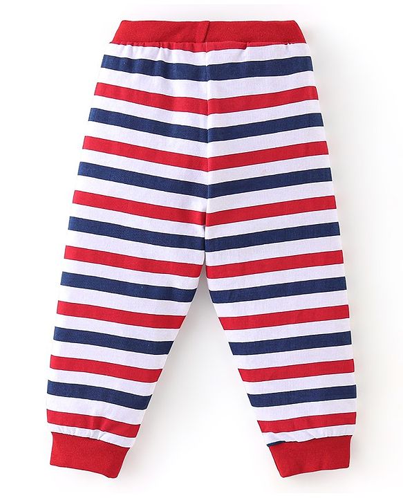 Babyhug Cotton Knit Full Length Lounge Pants Stripes & Rockets Print Pack of 3 - White Red & Navy Blue