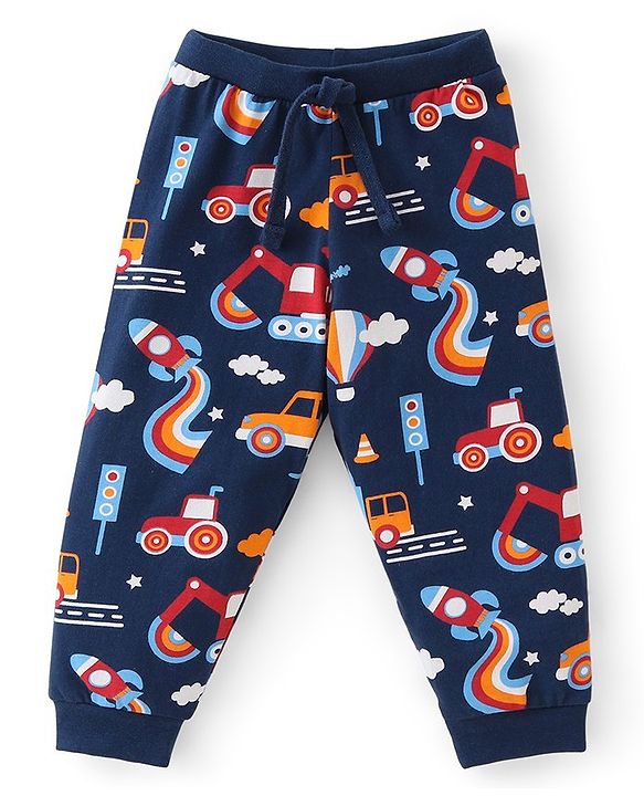Babyhug Cotton Knit Full Length Lounge Pants Stripes & Rockets Print Pack of 3 - White Red & Navy Blue