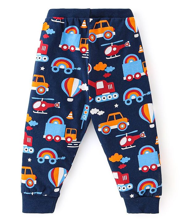 Babyhug Cotton Knit Full Length Lounge Pants Stripes & Rockets Print Pack of 3 - White Red & Navy Blue