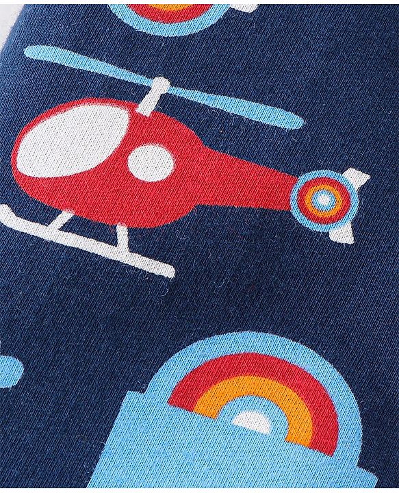 Babyhug Cotton Knit Full Length Lounge Pants Stripes & Rockets Print Pack of 3 - White Red & Navy Blue