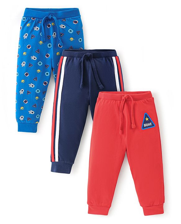 Babyhug Cotton Knit Lounge Pant Solid Color & Space Theme Pack Of 3 - Multicolor