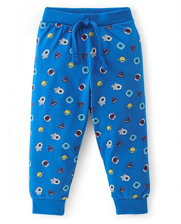 Babyhug Cotton Knit Lounge Pant Solid Color & Space Theme Pack Of 3 - Multicolor