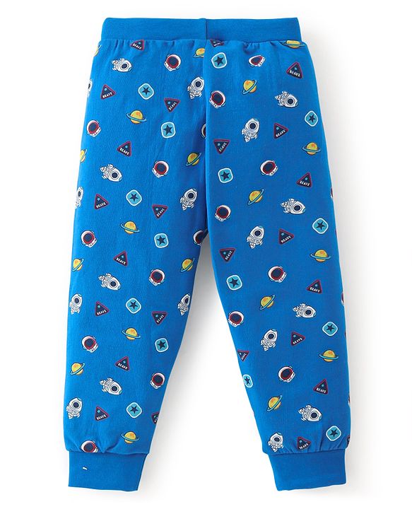 Babyhug Cotton Knit Lounge Pant Solid Color & Space Theme Pack Of 3 - Multicolor