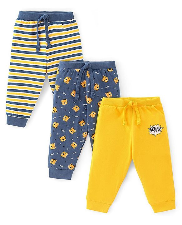 Babyhug Cotton Full Length Lounge Pant Striped & Tiger Printed Pack of 3 - Yellow & Navy Blue