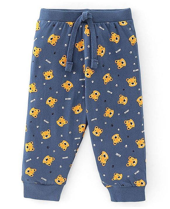 Babyhug Cotton Full Length Lounge Pant Striped & Tiger Printed Pack of 3 - Yellow & Navy Blue