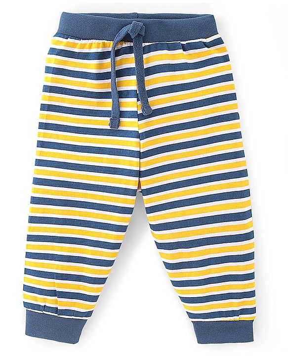 Babyhug Cotton Full Length Lounge Pant Striped & Tiger Printed Pack of 3 - Yellow & Navy Blue