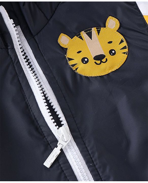 Babyhug Woven Full Sleeves Hooded Jacket With Tiger Patch - Navy Blue & White