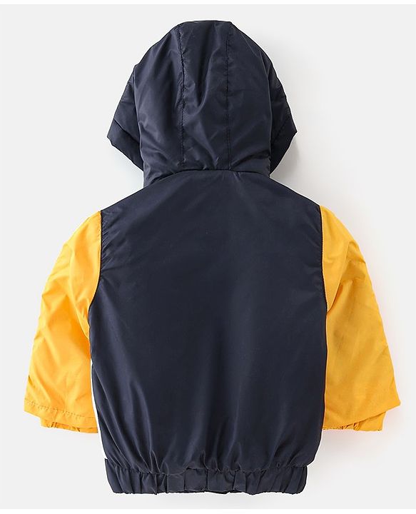 Babyhug Woven Full Sleeves Hooded Jacket With Tiger Patch - Navy Blue & White
