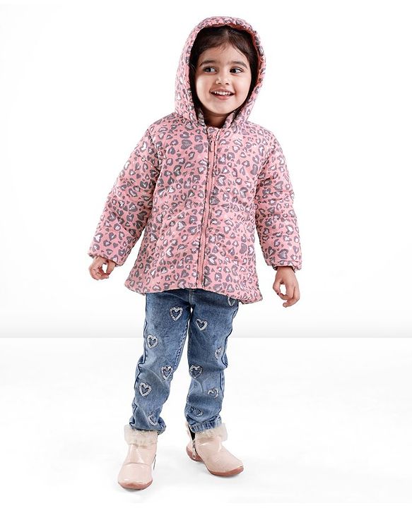 Babyhug Woven Full Sleeves Hooded Quilted Jacket Leopard Print - Pink