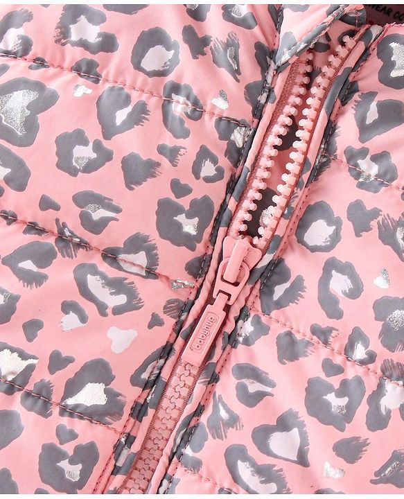 Babyhug Woven Full Sleeves Hooded Quilted Jacket Leopard Print - Pink