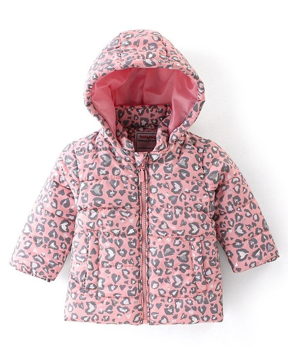Babyhug Woven Full Sleeves Hooded Quilted Jacket Leopard Print - Pink