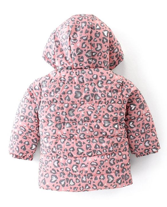 Babyhug Woven Full Sleeves Hooded Quilted Jacket Leopard Print - Pink