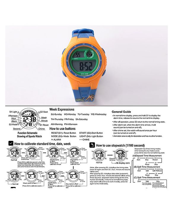 Babyhug Free Size Digital Watch With Dino Print - Blue