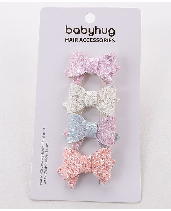 Babyhug Free Size Hair Pins And Clips  With Bow Applique Pack Of 4- Multicolor
