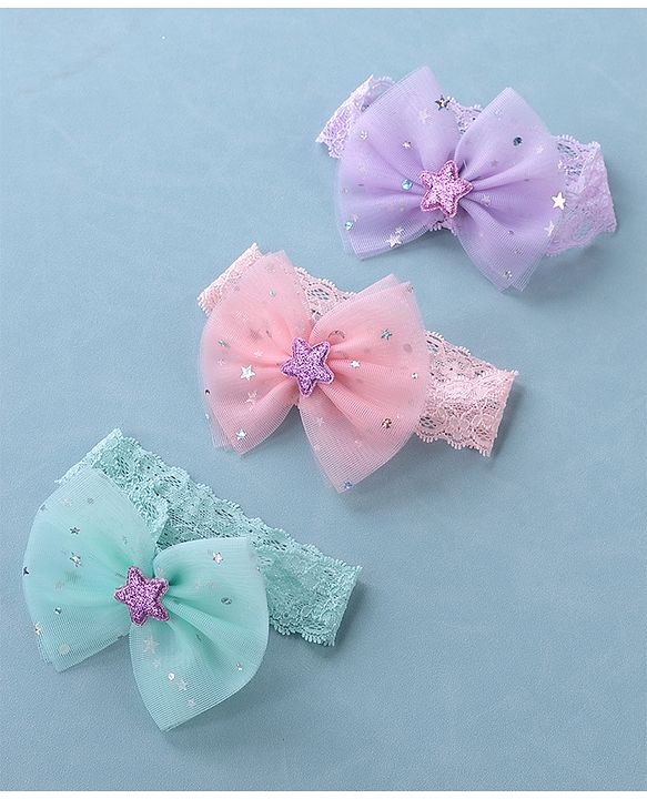 Babyhug Free Size Lace Headbands with Bow & Star Applique Pack of 3 - Multicolor