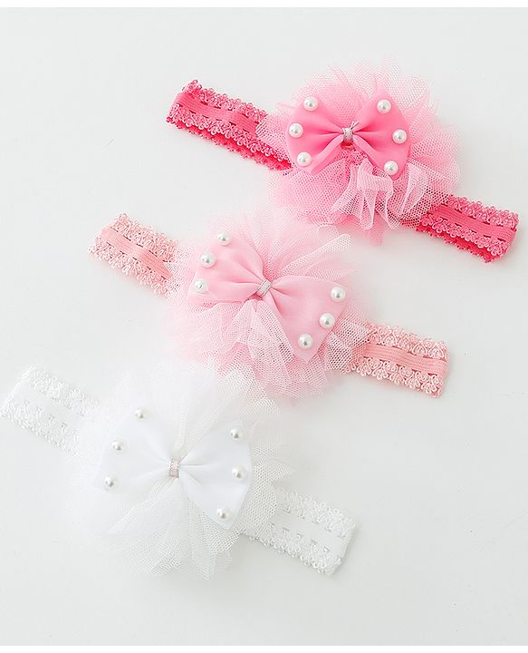 Babyhug Free Size Lace Headbands with Bow & Beads Pack of 3 - Multicolor