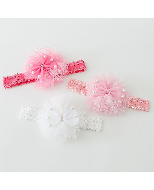 Babyhug Free Size Lace Headbands with Bow & Beads Pack of 3 - Multicolor