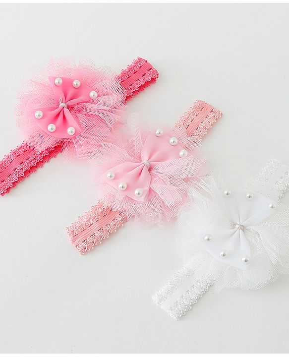 Babyhug Free Size Lace Headbands with Bow & Beads Pack of 3 - Multicolor