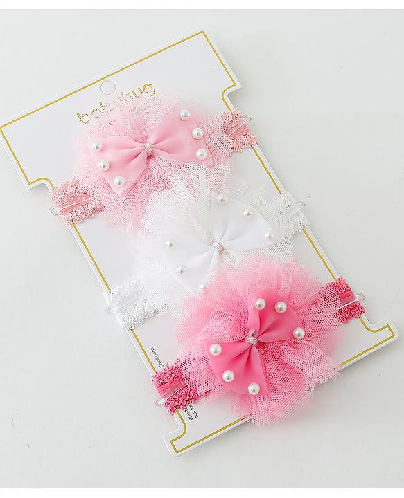 Babyhug Free Size Lace Headbands with Bow & Beads Pack of 3 - Multicolor