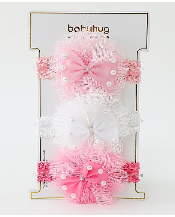 Babyhug Free Size Lace Headbands with Bow & Beads Pack of 3 - Multicolor