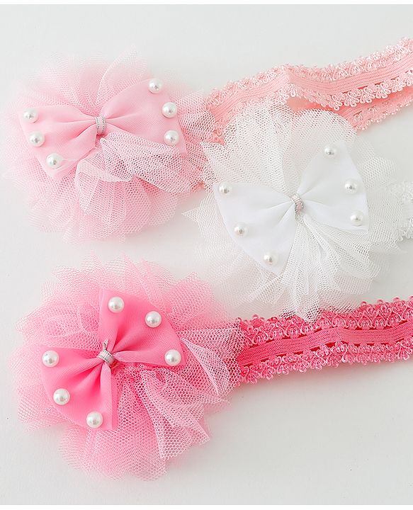 Babyhug Free Size Lace Headbands with Bow & Beads Pack of 3 - Multicolor