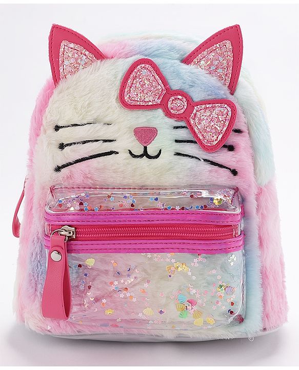 Babyhug Fashion Backpack With Kitty Face Design & Bow - Mulitcolor