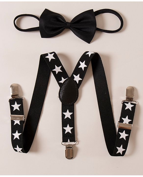 Babyhug Free Size Stars Printed Bow and Suspender Set - Black