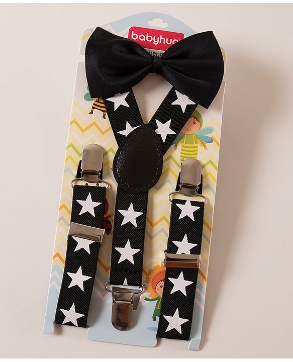 Babyhug Free Size Stars Printed Bow and Suspender Set - Black