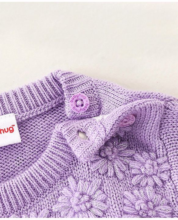 Babyhug Full Sleeves Sweater With Cable Knit Floral Design - Purple