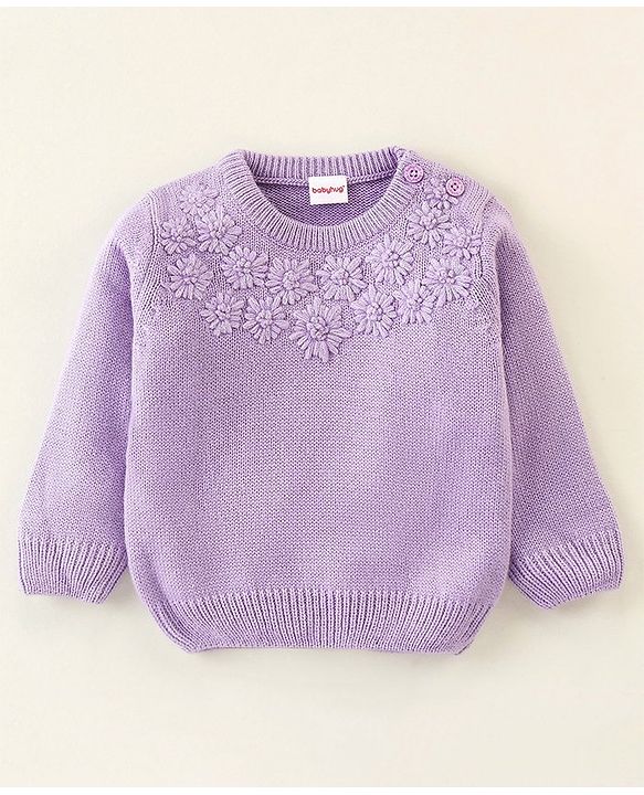Babyhug Full Sleeves Sweater With Cable Knit Floral Design - Purple