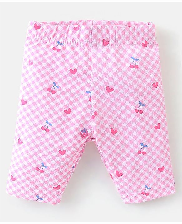 Babyhug Cotton Lycra Three Fourth Leggings Checks & Floral Print Pack Of 3- Pink & Blue