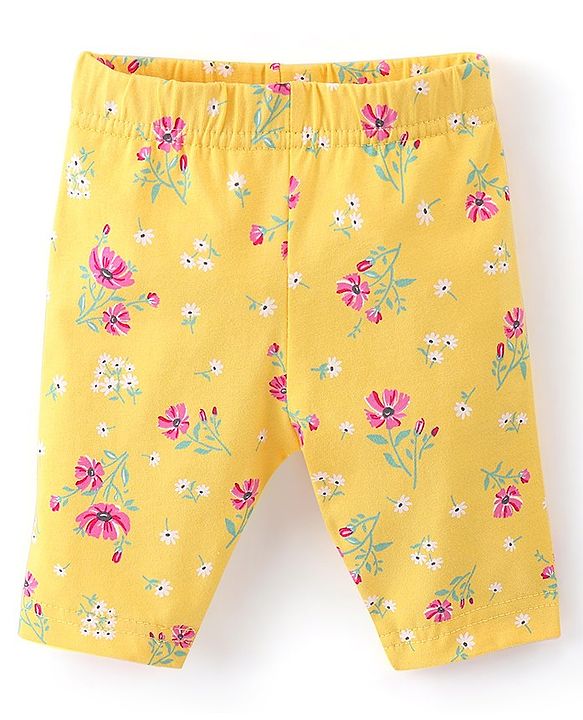 Babyhug Cotton Single Jersey Knit Capri Length Leggings Floral Print Pack of 3 - Green Pink & Yellow