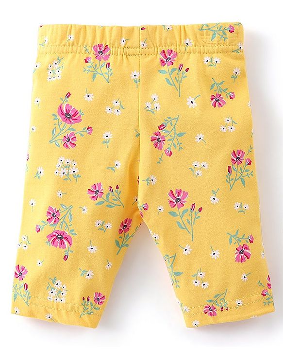 Babyhug Cotton Single Jersey Knit Capri Length Leggings Floral Print Pack of 3 - Green Pink & Yellow
