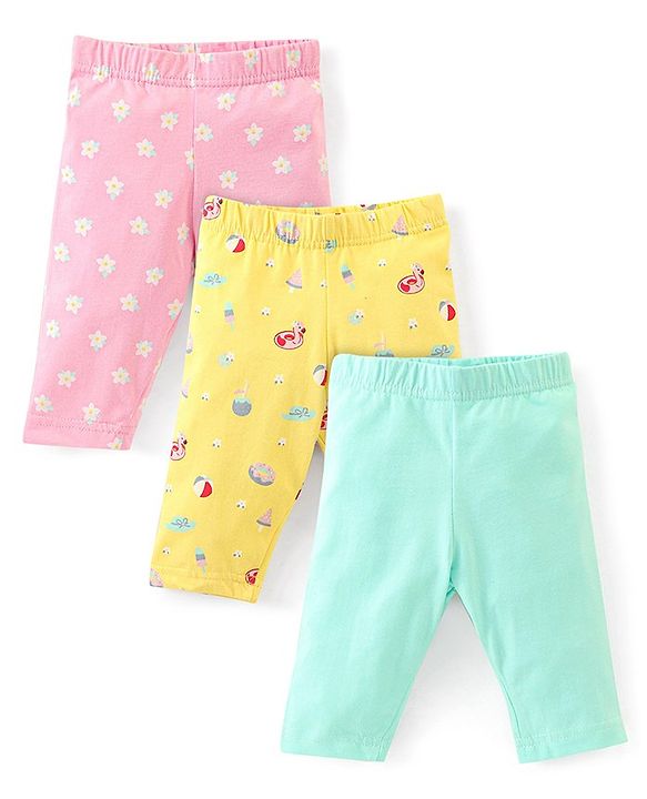 Babyhug Cotton Lycra Three Fourth Length Leggings Pack Of 3 - Pink Yellow & Green