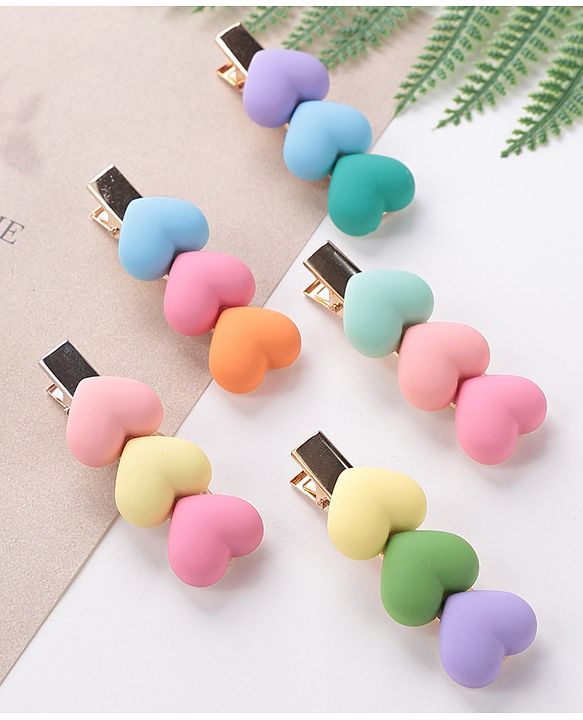 Pine Kids Hair Pins And Clips with Heart Applique Free Size Pack of 5 - Multicolour