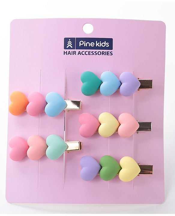 Pine Kids Hair Pins And Clips with Heart Applique Free Size Pack of 5 - Multicolour