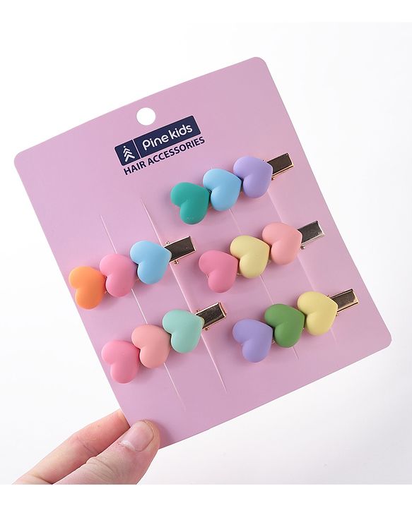 Pine Kids Hair Pins And Clips with Heart Applique Free Size Pack of 5 - Multicolour