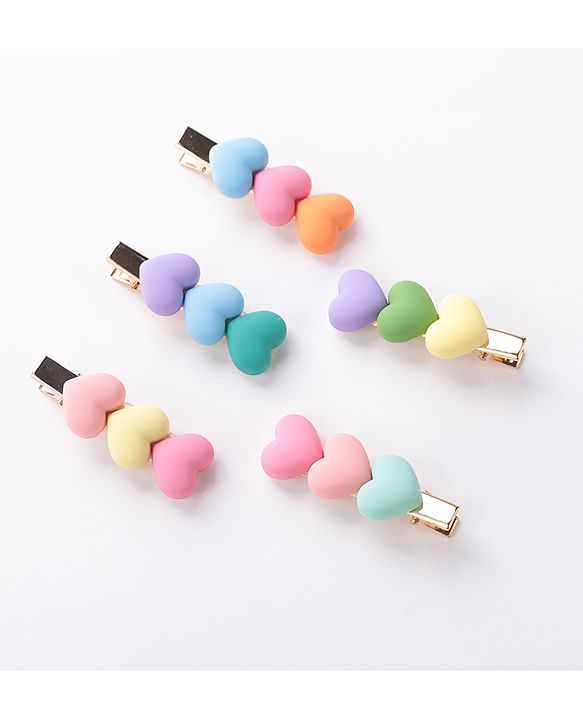 Pine Kids Hair Pins And Clips with Heart Applique Free Size Pack of 5 - Multicolour