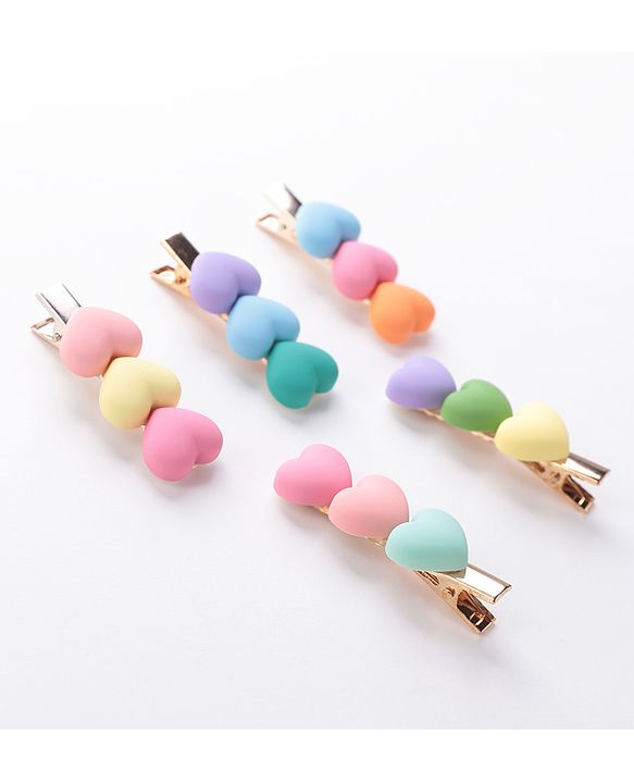 Pine Kids Hair Pins And Clips with Heart Applique Free Size Pack of 5 - Multicolour