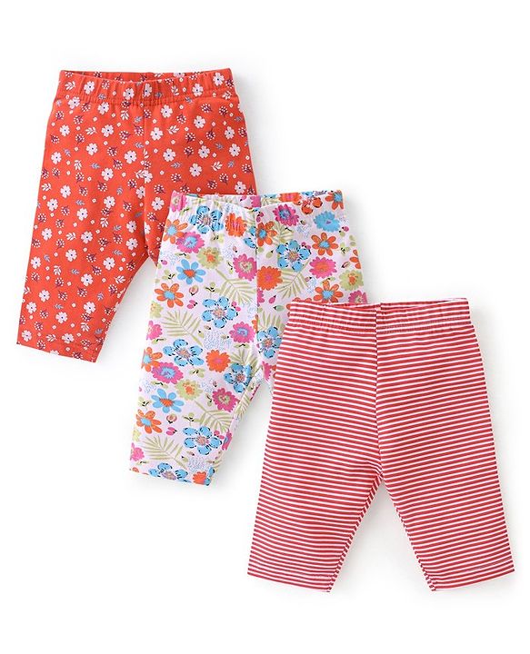 Babyhug Cotton Lycra Three Fourth Length Leggings Stripes & Floral Print Pack of 3- Red Pink & White