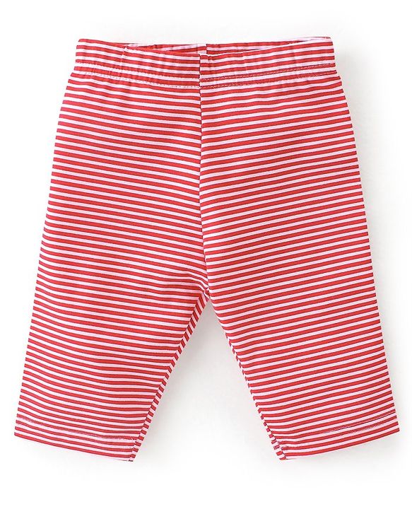 Babyhug Cotton Lycra Three Fourth Length Leggings Stripes & Floral Print Pack of 3- Red Pink & White
