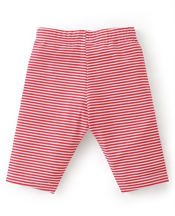 Babyhug Cotton Lycra Three Fourth Length Leggings Stripes & Floral Print Pack of 3- Red Pink & White