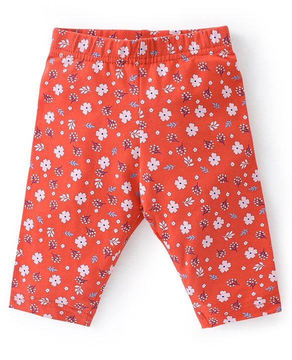 Babyhug Cotton Lycra Three Fourth Length Leggings Stripes & Floral Print Pack of 3- Red Pink & White
