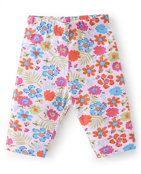 Babyhug Cotton Lycra Three Fourth Length Leggings Stripes & Floral Print Pack of 3- Red Pink & White