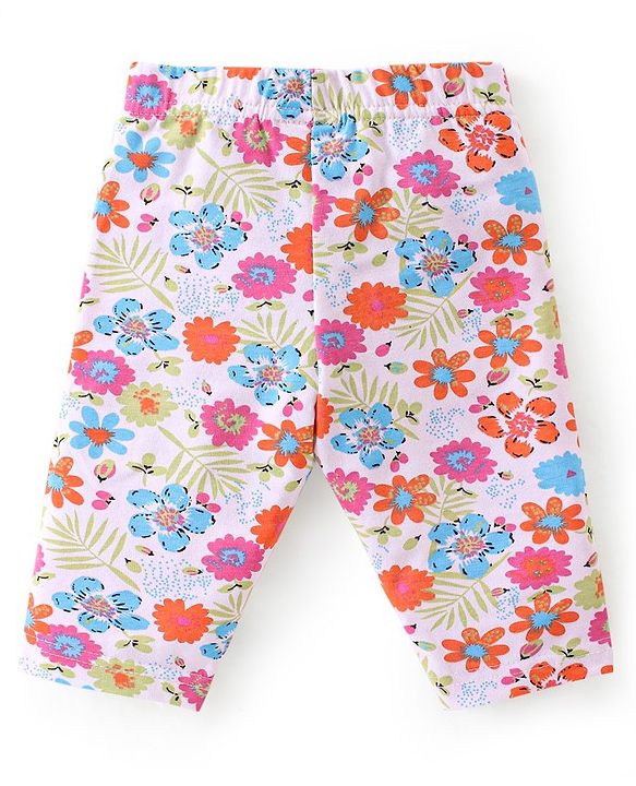 Babyhug Cotton Lycra Three Fourth Length Leggings Stripes & Floral Print Pack of 3- Red Pink & White