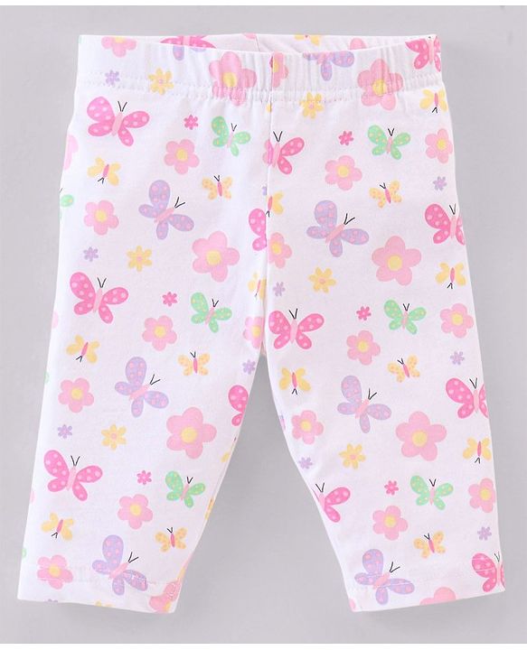 Babyhug Cotton Three Fourth Lycra Leggings Dot & Butterfly Print Pack of 3- Purple White & Yellow